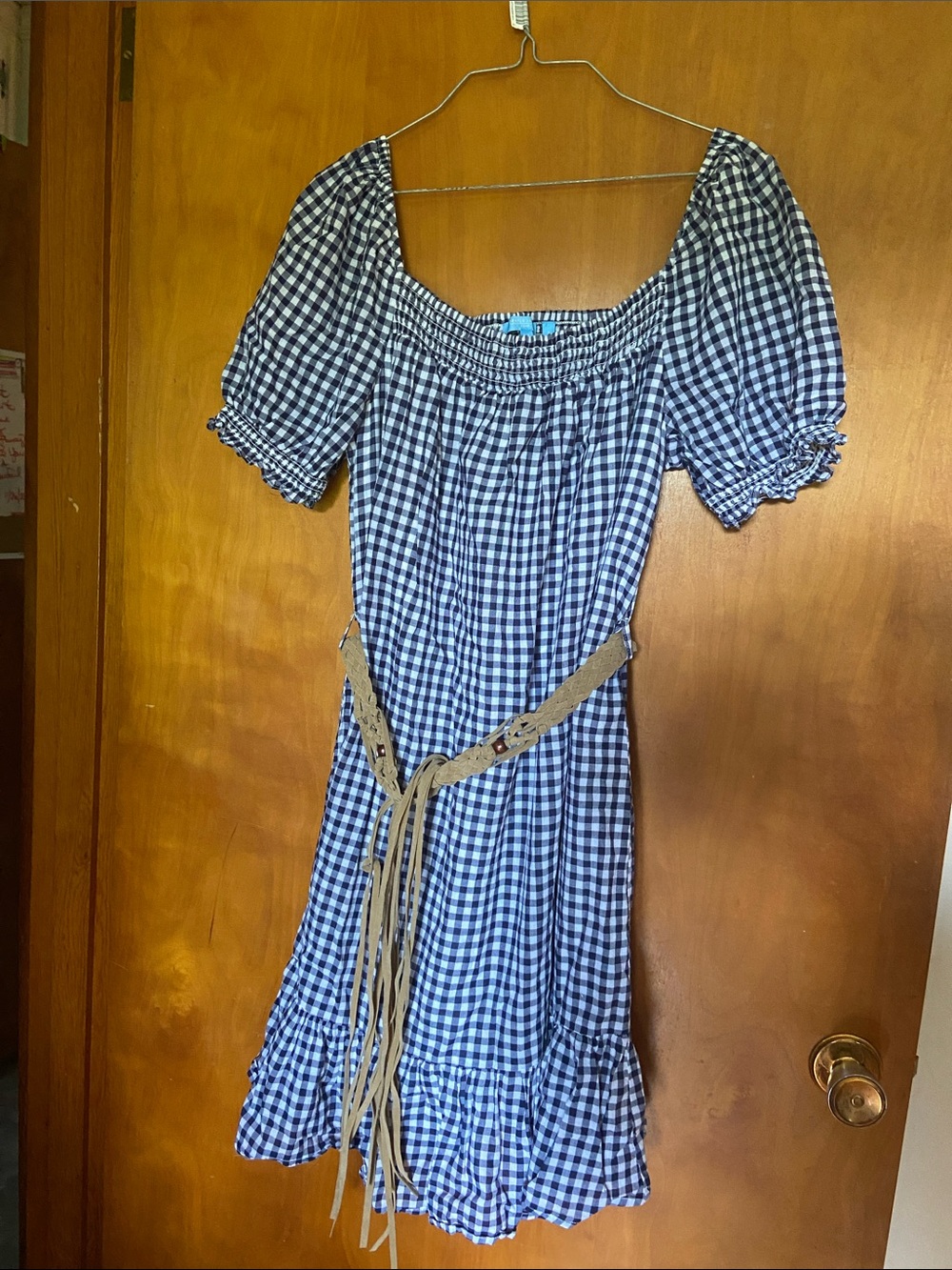 Draper James Navy Blue Gingham Puff-Sleeve Midi Dress
